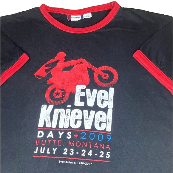Evel Knievel Days T Shirt 2009 RARE Ringer Black L Men Biker Stunt Cycle MT - Picture 1 of 12
